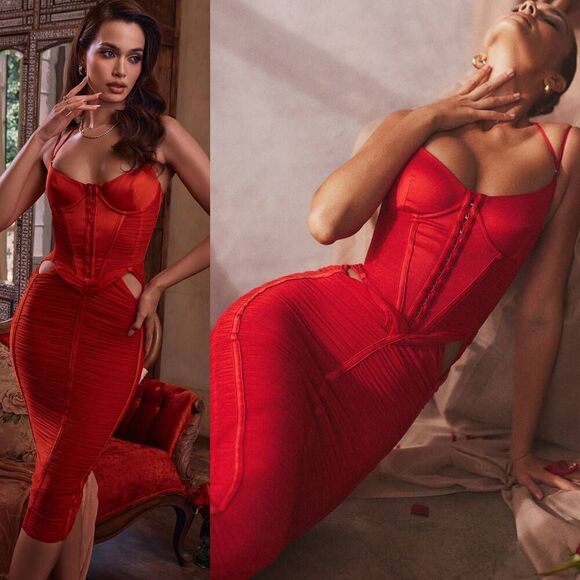 House of cb Maya scarlet ruched midi dress L+ Plus Cup NWOT $239 - Picture 1 of 14